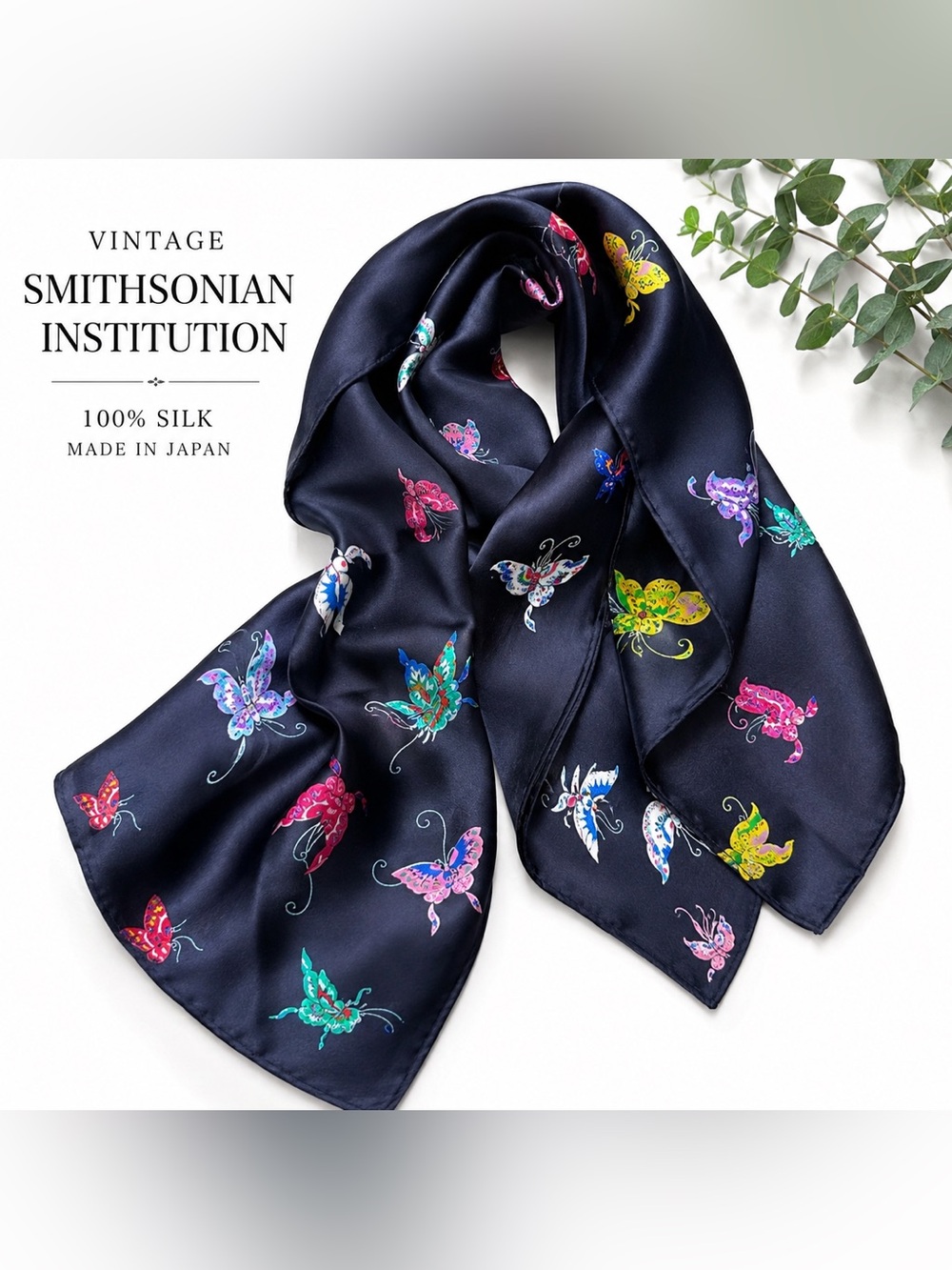 Vintage Smithsonian Institution 100% Silk Butterfly Scarf Made in Japan